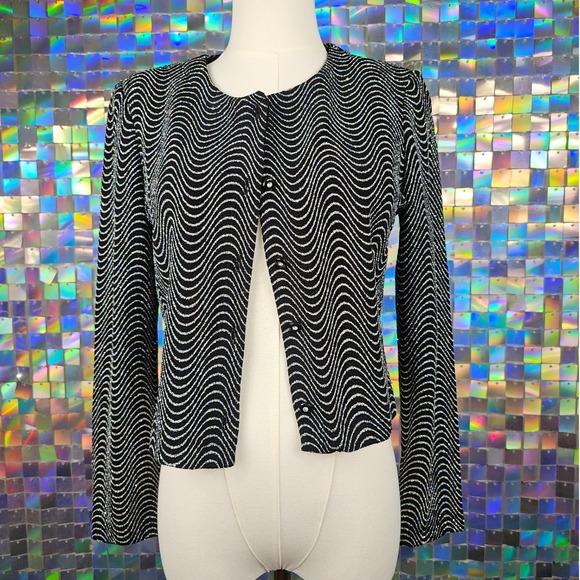 Ronni Nicole by Ouida Sweaters - Ronni Nicole Vintage‎ Black Silver Wave Sparkle Knit Cropped Cardigan Jacket